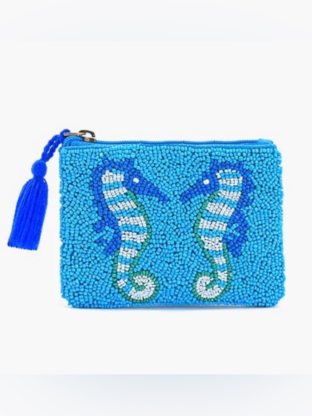 America & Beyond Beaded Seahorse Zip Coin Pouch - Bright Turquoise & Blue
